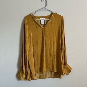 ❌LAST CHANCE❌ Carmen Marc Valvo Mustard Yellow Long‎ Sleeve V Neck blouse large